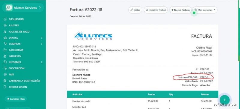 ¿Dónde se pone la orden de compra en la factura?