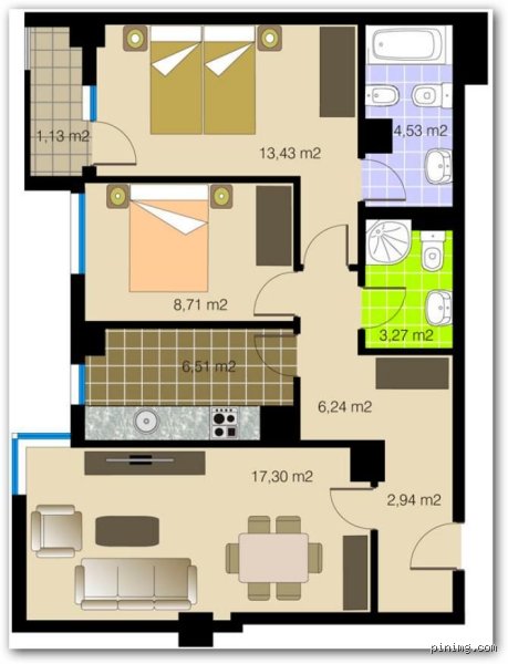 ¿Cuántos m2 tiene un dpto de 2 habitaciones?